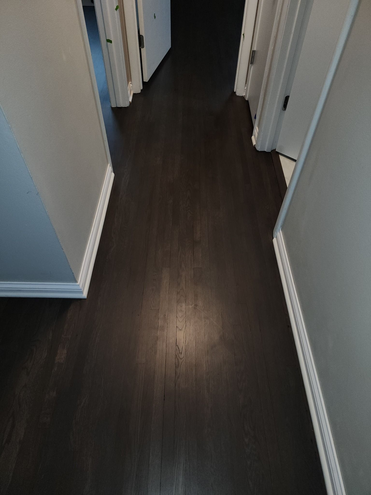 Dark hardwood plank flooring in a hallway with white baseboards and doors.
