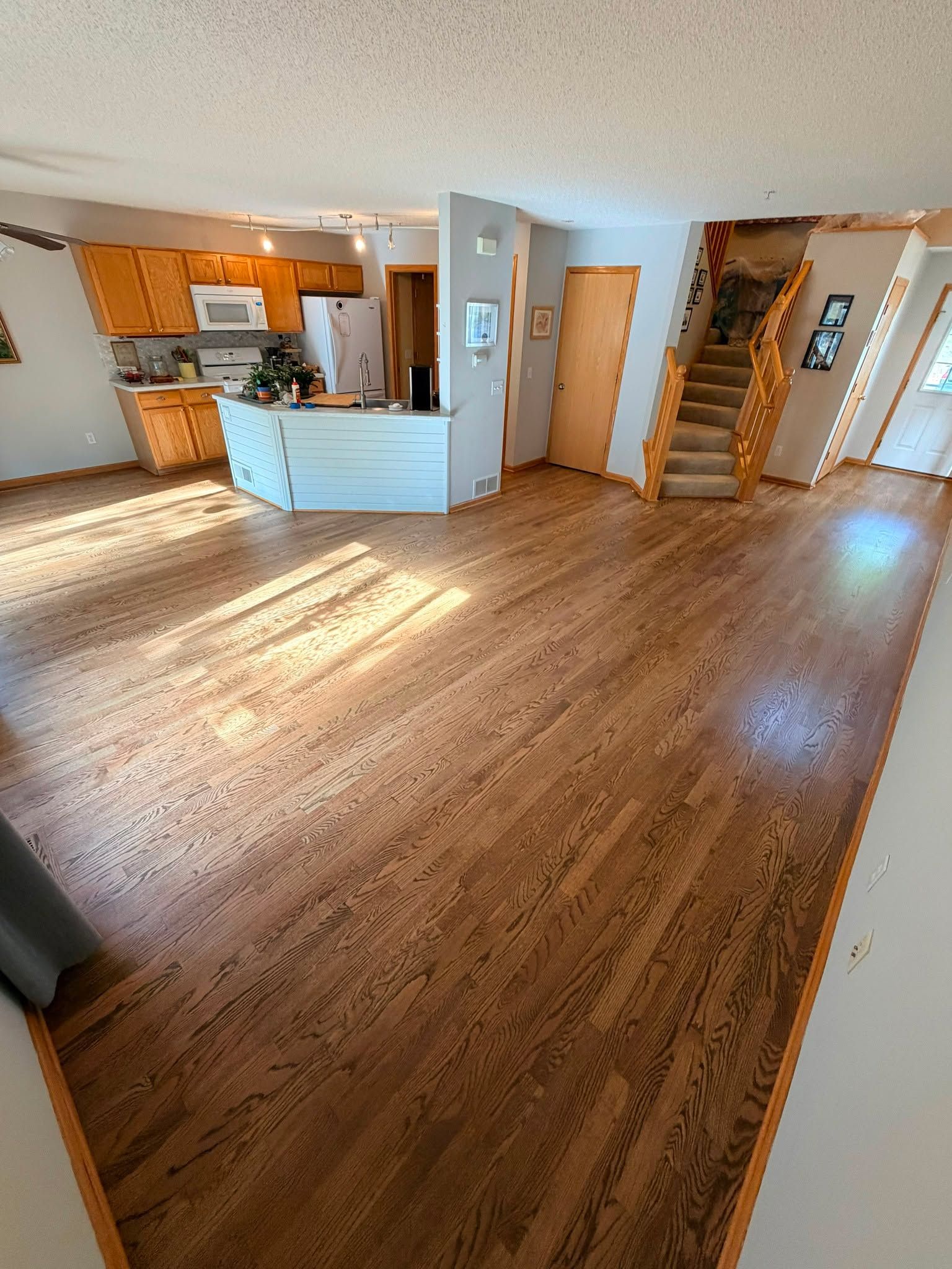 Newly refinished hardwood plank flooring throughout open kitchen and living room with golden-brown tones.