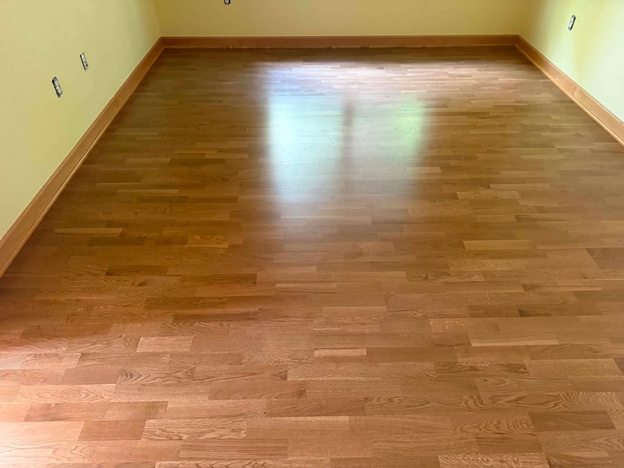 Newly installed medium-brown hardwood plank flooring in a bedroom with bright reflections from windows.