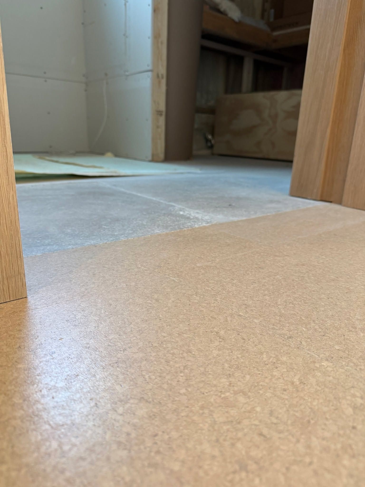 Light tan luxury vinyl plank flooring installed in hallway with wooden doorframe visible.