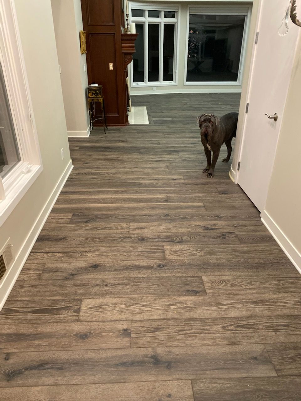 Hallway with medium brown hardwood plank flooring leading to patio doors.